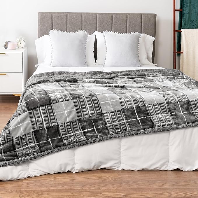 Light Grey Plaid Sherpa Throw Blanket