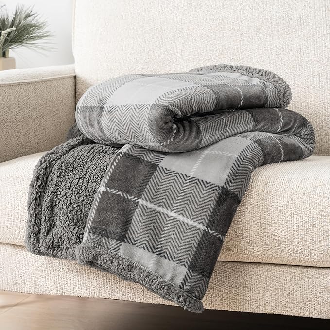 Light Grey Plaid Sherpa Throw Blanket