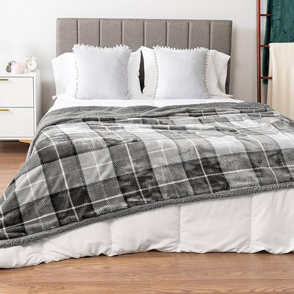 Light Grey Plaid Sherpa Throw Blanket