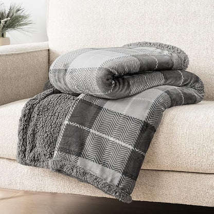 Light Grey Plaid Sherpa Throw Blanket