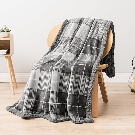 Light Grey Plaid Sherpa Throw Blanket