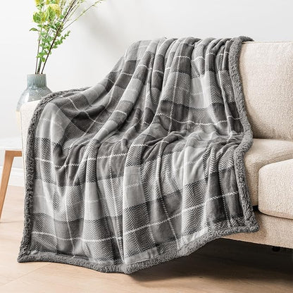 Light Grey Plaid Sherpa Throw Blanket